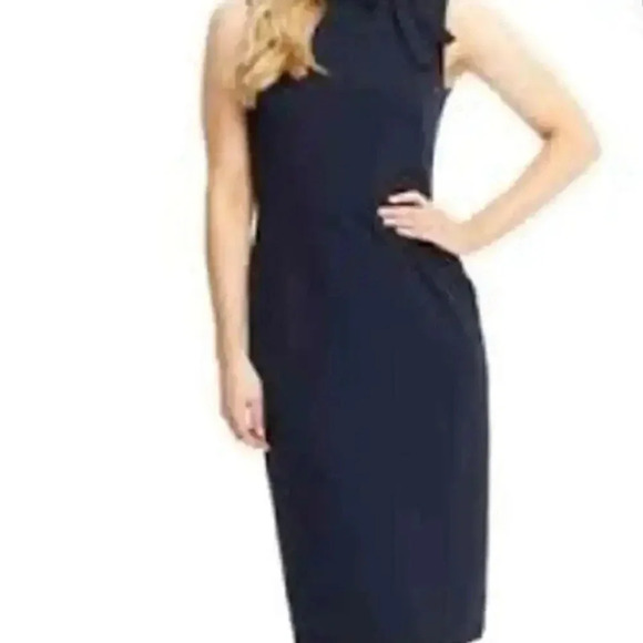 Maggy London Jackie Midi Bow-Neck Sheath Dress Stretch Retro Dark Navy sz 2 NEW - Picture 1 of 9